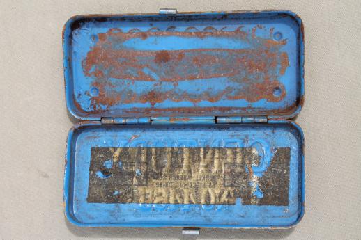 photo of antique metal tool box, Century tin w/ worn & distressed vintage blue paint #4