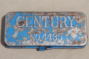 catalog photo of antique metal tool box, Century tin w/ worn & distressed vintage blue paint