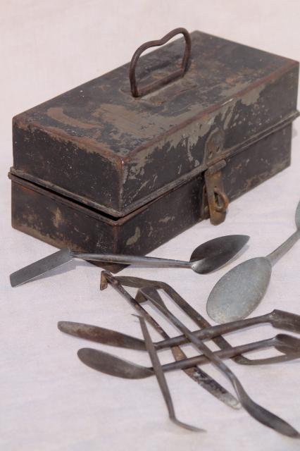 photo of antique metal toolbox w/ early industrial vintage tools, palette knives & spatulas #1