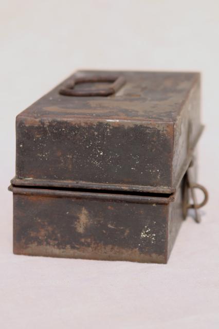 photo of antique metal toolbox w/ early industrial vintage tools, palette knives & spatulas #2