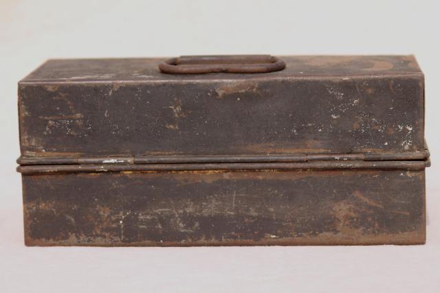 photo of antique metal toolbox w/ early industrial vintage tools, palette knives & spatulas #3