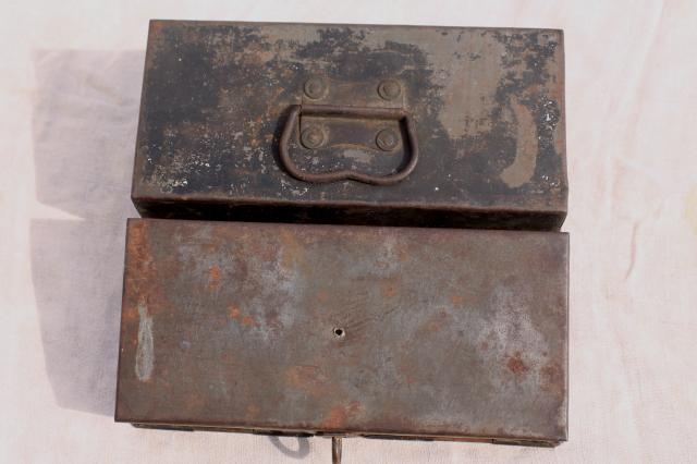 photo of antique metal toolbox w/ early industrial vintage tools, palette knives & spatulas #6