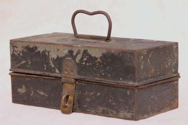 photo of antique metal toolbox w/ early industrial vintage tools, palette knives & spatulas #13