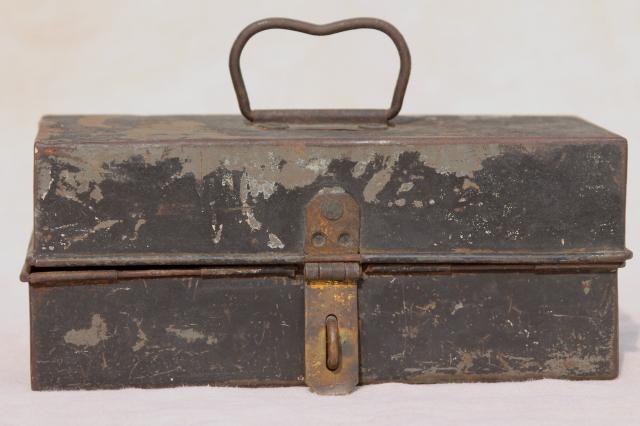 photo of antique metal toolbox w/ early industrial vintage tools, palette knives & spatulas #14