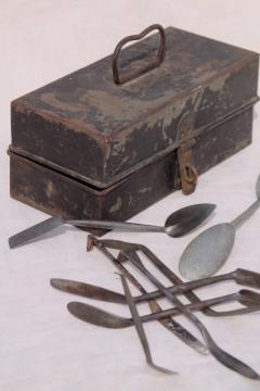 catalog photo of antique metal toolbox w/ early industrial vintage tools, palette knives & spatulas