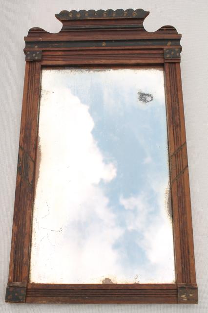 photo of antique mid 1800s mirror w/ original old glass, primitive wood frame w/ plank back #1