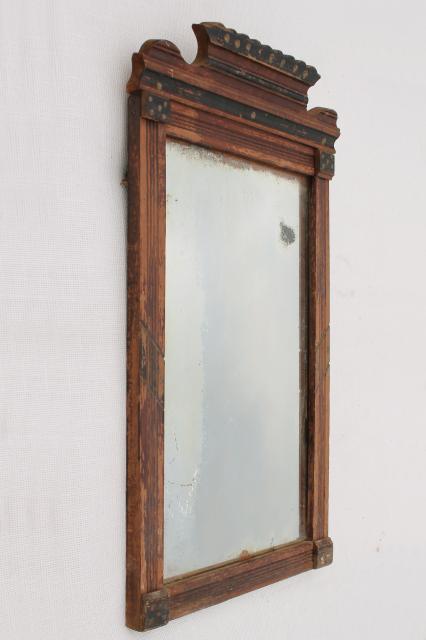 photo of antique mid 1800s mirror w/ original old glass, primitive wood frame w/ plank back #6