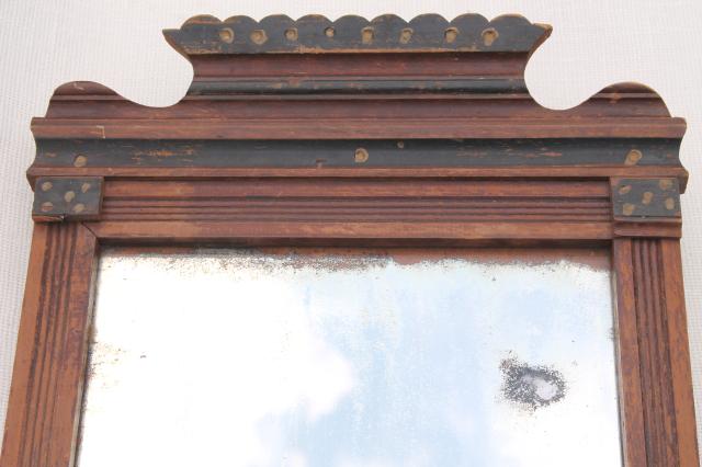 photo of antique mid 1800s mirror w/ original old glass, primitive wood frame w/ plank back #7