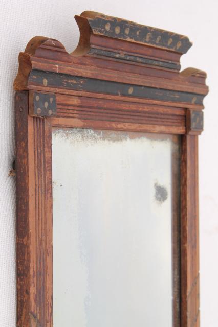 photo of antique mid 1800s mirror w/ original old glass, primitive wood frame w/ plank back #8