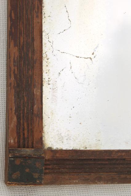 photo of antique mid 1800s mirror w/ original old glass, primitive wood frame w/ plank back #9