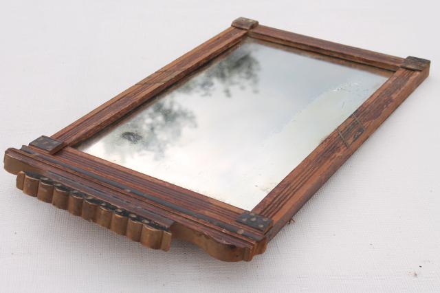 photo of antique mid 1800s mirror w/ original old glass, primitive wood frame w/ plank back #11