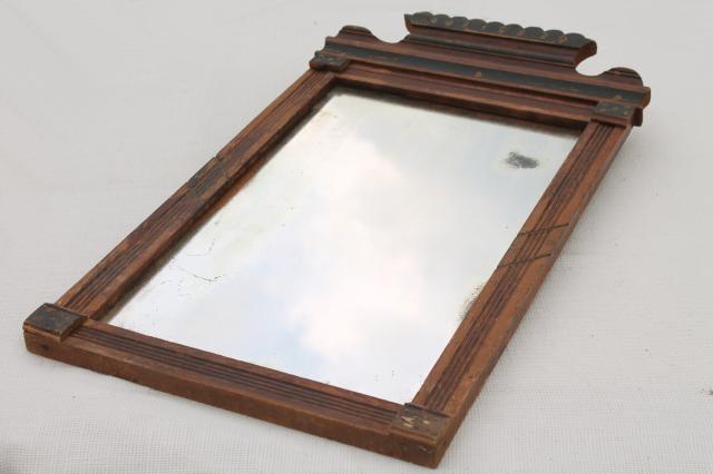 photo of antique mid 1800s mirror w/ original old glass, primitive wood frame w/ plank back #12