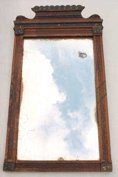 catalog photo of antique mid 1800s mirror w/ original old glass, primitive wood frame w/ plank back