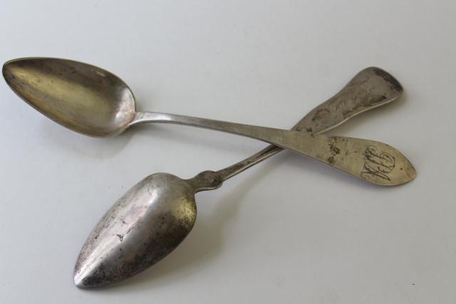 photo of antique mid 19th century serving spoons, engraved script coin silver & german silver #1