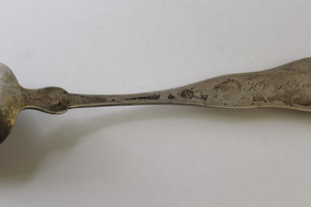 photo of antique mid 19th century serving spoons, engraved script coin silver & german silver #4