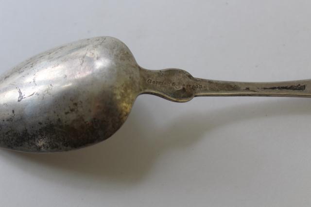 photo of antique mid 19th century serving spoons, engraved script coin silver & german silver #5