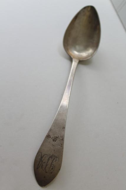 photo of antique mid 19th century serving spoons, engraved script coin silver & german silver #6