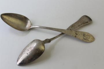 antique mid 19th century serving spoons, engraved script coin silver & german silver