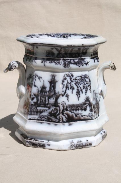 photo of antique mid-1800s English transferware flow mulberry black china jar, Pelew Chinese scene chinioserie #1