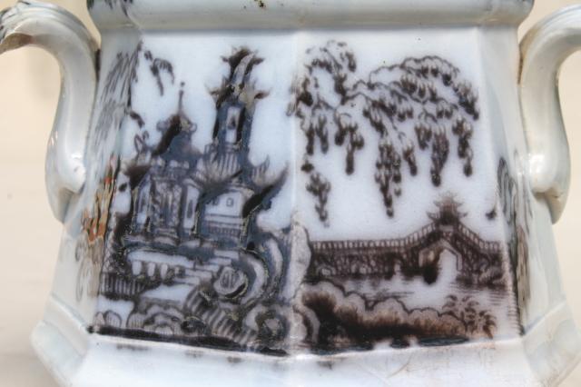 photo of antique mid-1800s English transferware flow mulberry black china jar, Pelew Chinese scene chinioserie #4