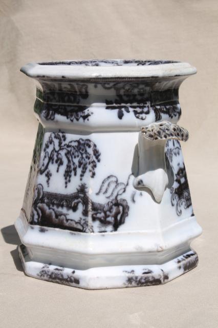 photo of antique mid-1800s English transferware flow mulberry black china jar, Pelew Chinese scene chinioserie #5