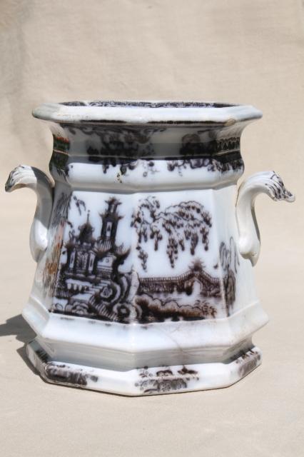 photo of antique mid-1800s English transferware flow mulberry black china jar, Pelew Chinese scene chinioserie #6