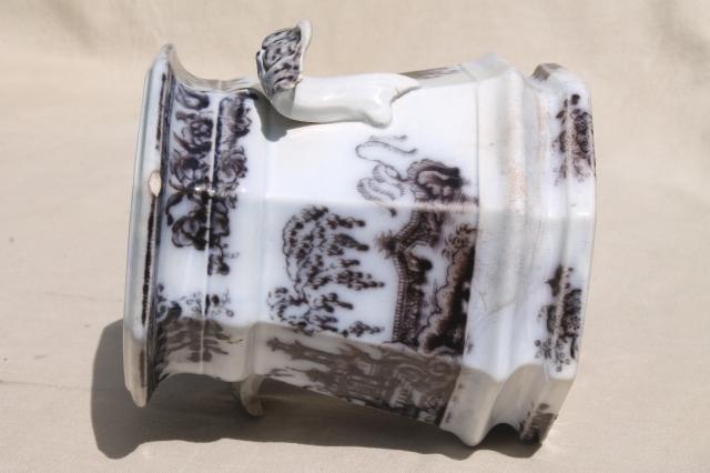 photo of antique mid-1800s English transferware flow mulberry black china jar, Pelew Chinese scene chinioserie #11