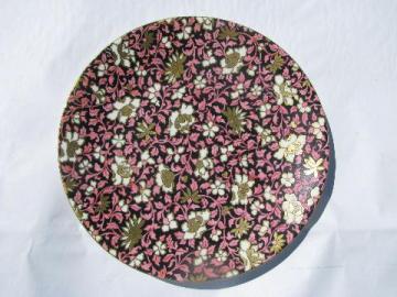 catalog photo of antique mid-1800s vintage English chintz china plate, black / pink / gold