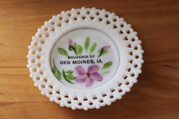 catalog photo of antique milk glass, lace edge cup plate turn of the century vintage souvenir Des Moines Iowa 