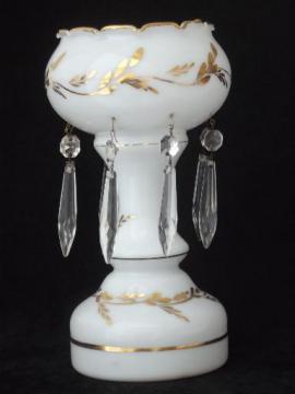 catalog photo of antique milk glass mantel lamp w/ glass prisms, deco vintage lamp base 