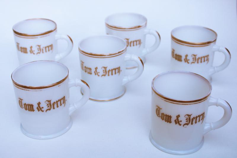 photo of antique milk glass mugs, early 1900s vintage Tom and Jerry Christmas eggnog punch cups #1