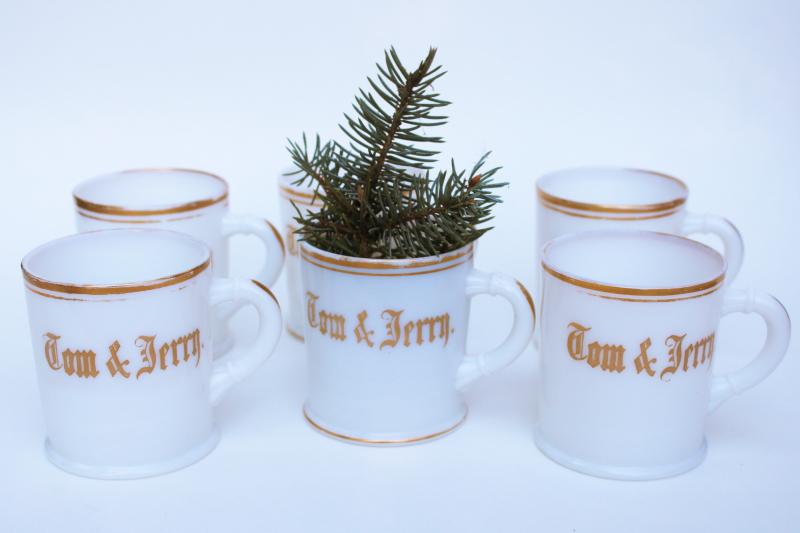 photo of antique milk glass mugs, early 1900s vintage Tom and Jerry Christmas eggnog punch cups #6