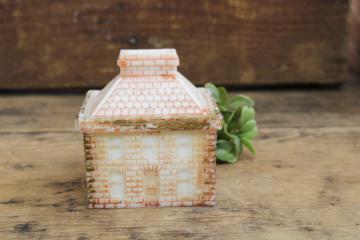 catalog photo of antique milk glass mustard pot w/ house shape vintage Westmoreland Grapeville paper label