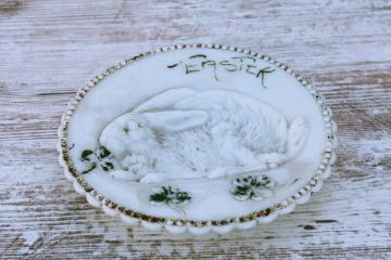catalog photo of antique milk glass plate Easter decoration, embossed rabbit & shamrock clover EAPG Fenton glass