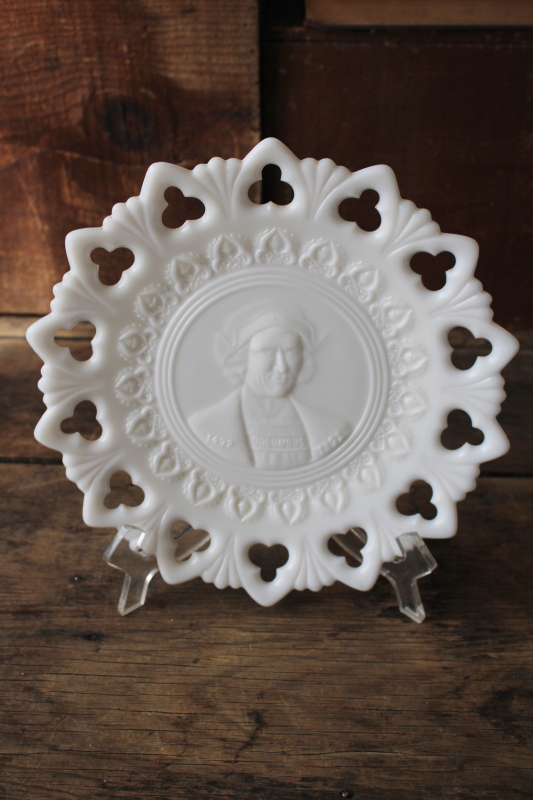 photo of antique milk glass plate made for 1892 Columbian Exposition, portrait of Columbus #1