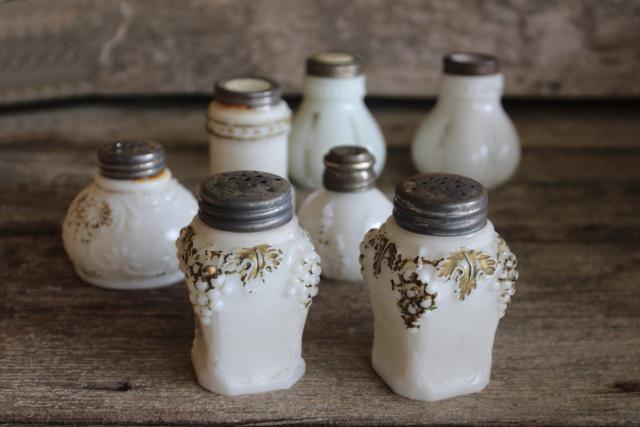 photo of antique milk glass shakers, turn of the century vintage pressed pattern glass #1