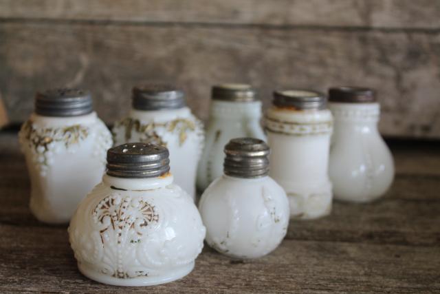 photo of antique milk glass shakers, turn of the century vintage pressed pattern glass #5