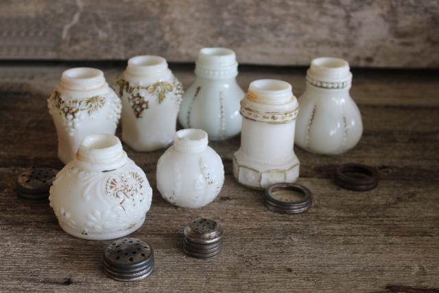 photo of antique milk glass shakers, turn of the century vintage pressed pattern glass #6