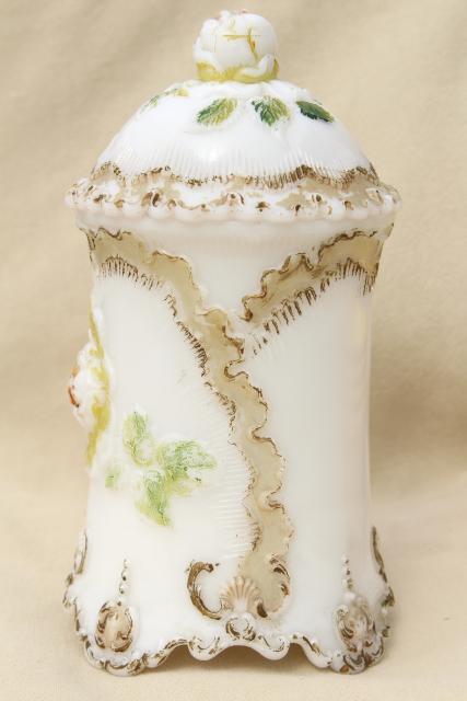 photo of antique milk glass vanity apothecary jar w/ roses for rose petals or potpourri #6