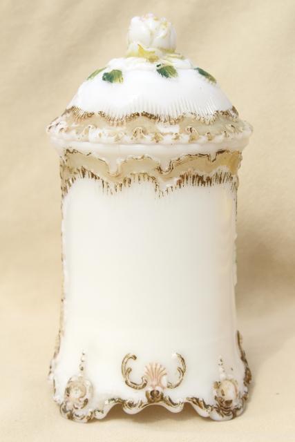 photo of antique milk glass vanity apothecary jar w/ roses for rose petals or potpourri #7