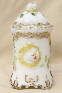 catalog photo of antique milk glass vanity apothecary jar w/ roses for rose petals or potpourri