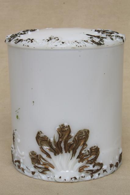 photo of antique milk glass vanity table dresser band box, unusual tall powder jar w/ ornate gold #1