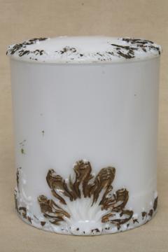 catalog photo of antique milk glass vanity table dresser band box, unusual tall powder jar w/ ornate gold