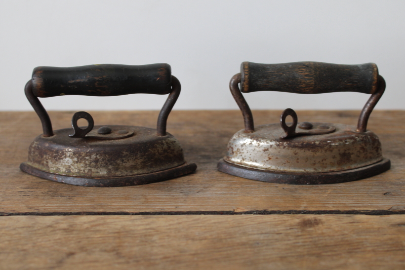 photo of antique miniature sadirons, two tiny clothes irons, working toys or pleater irons early 1900s vintage  #1