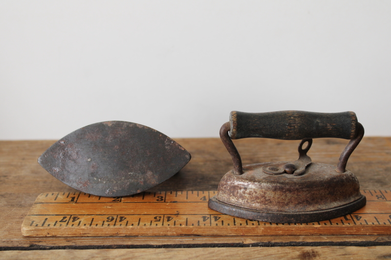 photo of antique miniature sadirons, two tiny clothes irons, working toys or pleater irons early 1900s vintage  #2