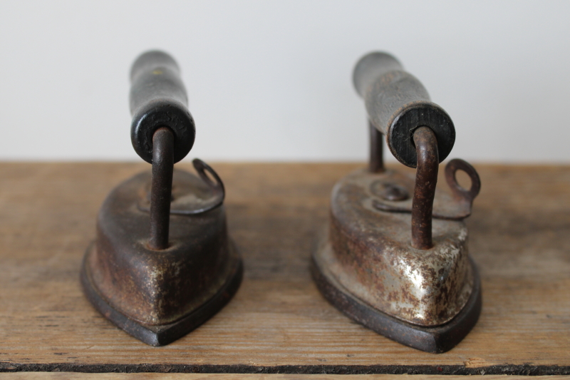 photo of antique miniature sadirons, two tiny clothes irons, working toys or pleater irons early 1900s vintage  #4