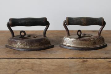 catalog photo of antique miniature sadirons, two tiny clothes irons, working toys or pleater irons early 1900s vintage 