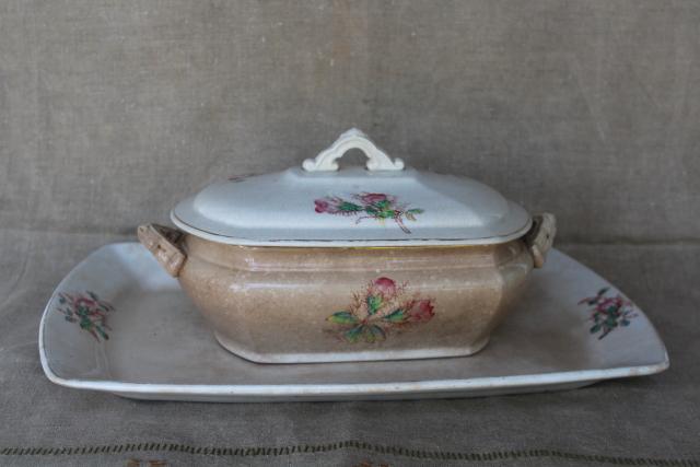 photo of antique moss rose pattern ironstone china covered dish & huge platter, browned patina #1