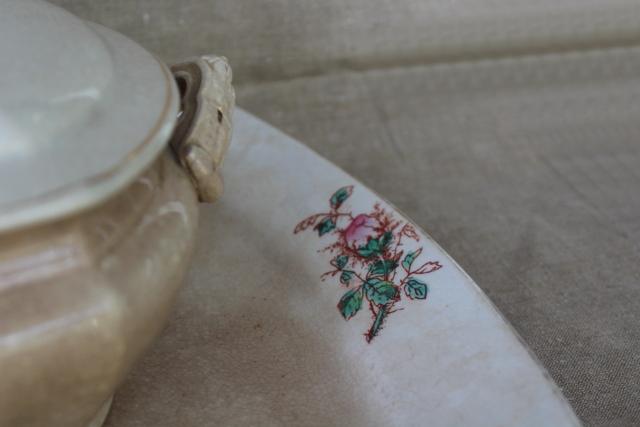 photo of antique moss rose pattern ironstone china covered dish & huge platter, browned patina #2