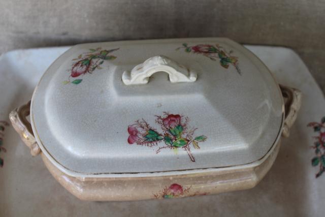 photo of antique moss rose pattern ironstone china covered dish & huge platter, browned patina #3